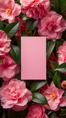 A vibrant, densely packed assortment of pink blooming flowers with a central pink card, ideal for custom messages