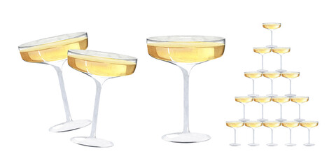 Set of glasses with champagne. Pyramid of glasses with champagne. A sparkling wine. Glamorous drink. New Year's cocktail. Watercolor illustration for the design of cards, invitations, posters