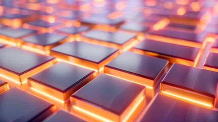Obraz premium A visually compelling image featuring a grid of reflective, square tiles bathed in a warm, golden-orange glow, Abstract Background Wallpaper. Concepts of innovation, technology, and high-end design.
