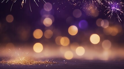 Fototapeta na wymiar New year celebration with gold and violet fireworks and bokeh effect. Abstract holiday background with copy space.