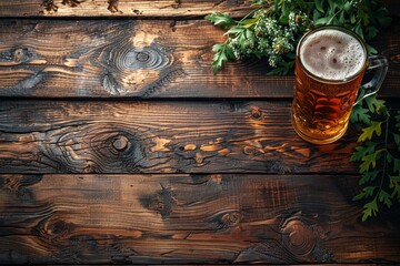 Top view glass of beer on wooden background, copy space, banner - obrazy, fototapety, plakaty