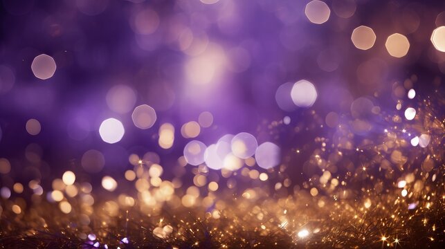 New year celebration with gold and violet fireworks and bokeh effect. Abstract holiday background with copy space.