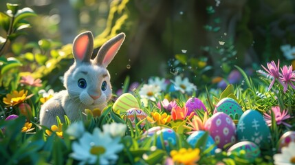 an easter bunny is hiding colorful easter eggs