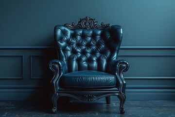Leather luxury blue red armchair in an empty room, monochrome