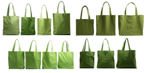 Collection of green cotton eco bags isolated on a white background as transparent PNG