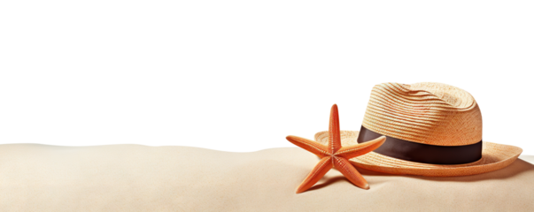 Straw hat and starfish resting on sandy beach, cut out