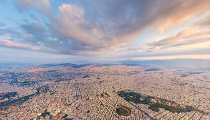 Athens, Greece. Large panorama of the central part of the city. Morning sun. Aerial view