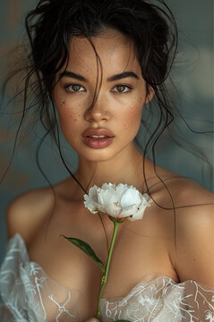 Stunning model in a photo shoot holding a single flower in her hand