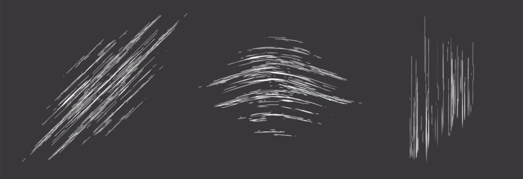 Scratch texture element vector graphic set, scribble scrape effect overlay white on black dark background, grunge abrasion drawn strokes scrawl image clipart