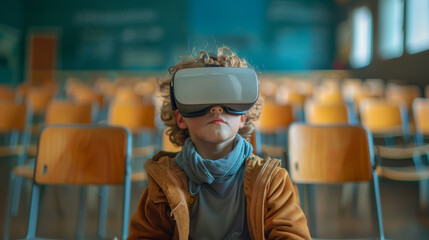 Fototapeta na wymiar Cute little school boy with school backpack sitting in the classroom and wearing VR headset on sunny day. Modern education concept.