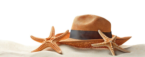 Fototapeta na wymiar Straw hat and starfish resting on sandy beach, cut out