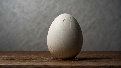 Close-up of a white egg with a crack, standing upright on a wooden surface against a grey background