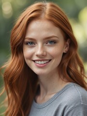Outdoor natural portrait of a great looking red head young female model smiling looking at camera from Generative AI
