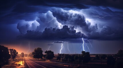 Spectacular thunderstorm with bright flashes and heavy rain in nocturnal urban scene