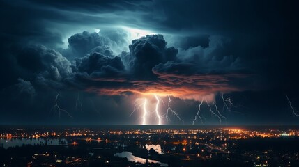 Spectacular thunderstorm with bright flashes and heavy rain in nocturnal urban scene - obrazy, fototapety, plakaty