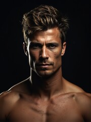 Fototapeta premium Portrait of a shirtless muscular upper body of caucasian male model in plain black background from Generative AI