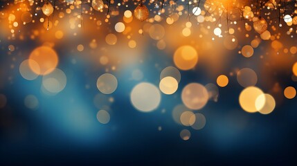 Christmas baubles with bokeh lights on blue background, orange and gold tones