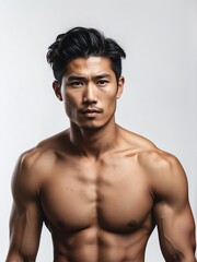 Fototapeta premium Portrait of a shirtless muscular upper body of handsome asian male model in plain white background from Generative AI