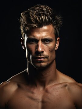 Portrait of a shirtless muscular upper body of caucasian male model in plain black background from Generative AI