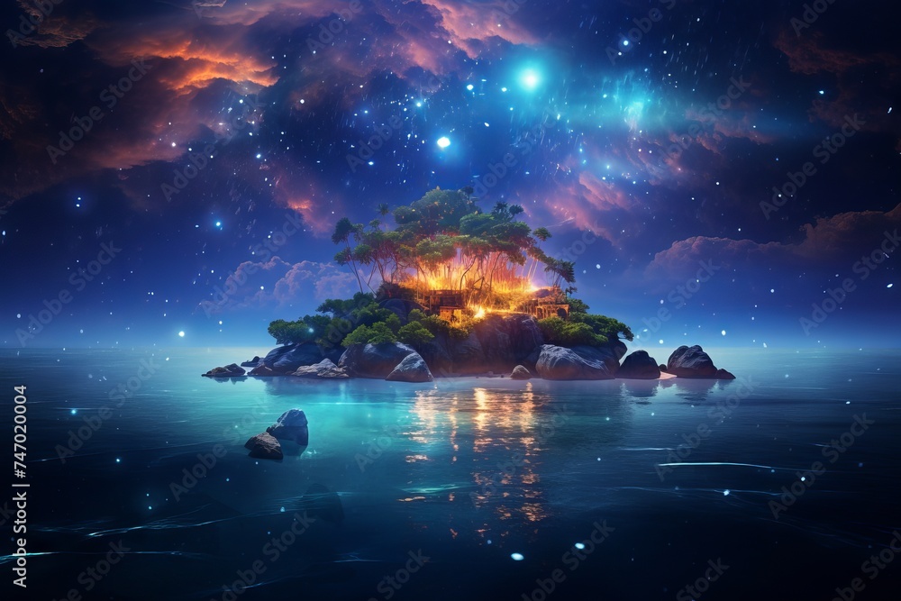 Wall mural Starry-eyed floating island in a surreal summer sky: A captivating 8K art image - Wall murals