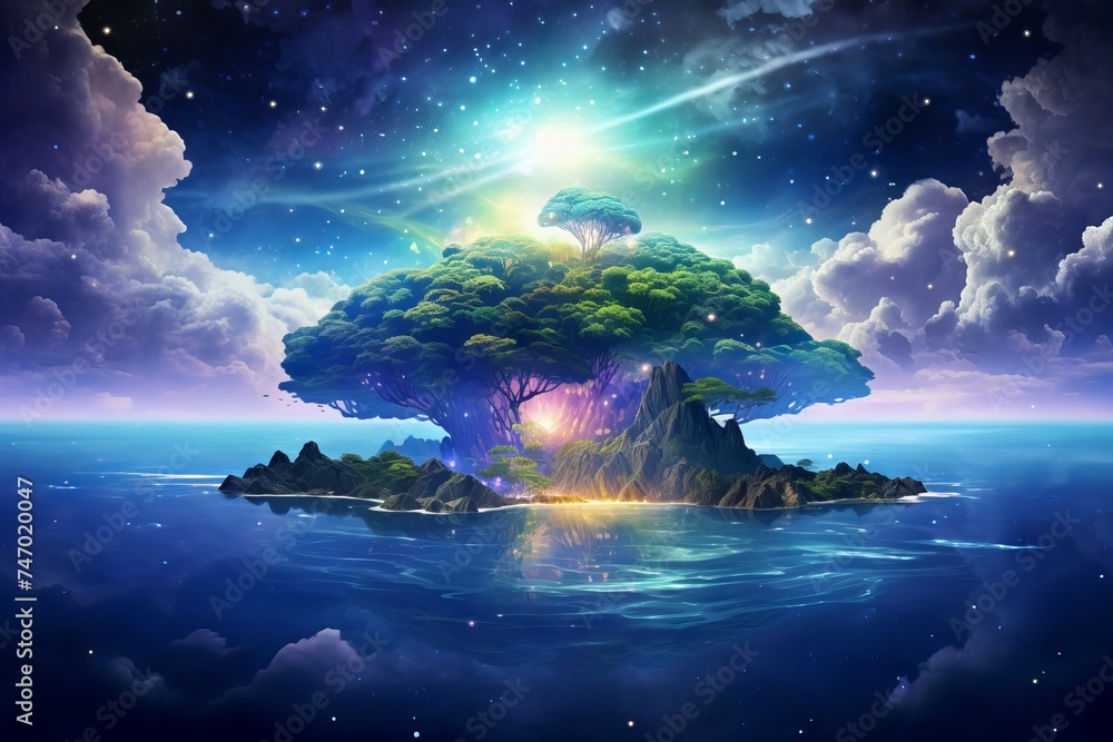 Wall mural starry-eyed floating island in a surreal summer sky: a captivating 8k art image - Wall murals