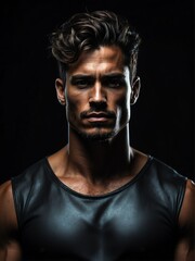 Fototapeta premium Portrait of a shirtless muscular upper body of handsome male model in plain black background from Generative AI