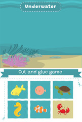 Fototapeta na wymiar Vector cut and glue activity. Underwater. Sea life. Crafting game with farm illustration. Fun printable worksheet. 