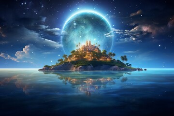 Fototapeta na wymiar Starry-eyed floating island in a surreal summer sky: A captivating 8K art image