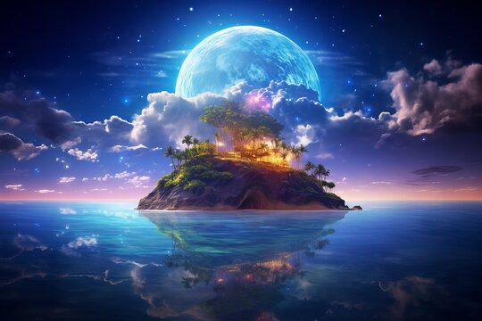 Starry-eyed floating island in a surreal summer sky: A captivating 8K art image