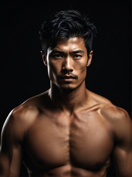 Portrait of a shirtless muscular upper body of japanese male model in plain black background from Generative AI