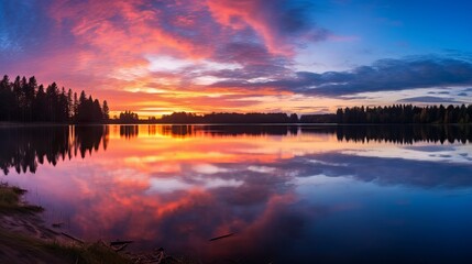 Panorama of beautiful sunrise over lake with colorful sky and reflection on water