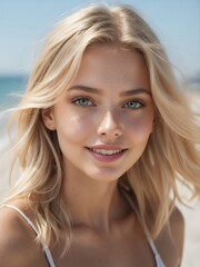 Portrait of blonde young female model on the beach summer love, romance and a happy ad lifestyle concept from Generative AI