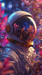 Astronaut with a helmet reflecting the galaxy, set against a backdrop of lush foliage under a starlit sky