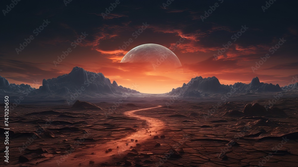 Wall mural road to the moon in the desert: a surreal landscape of a highway leading to a full moon over a barre - Wall murals