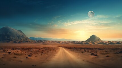Road to the moon in the desert: A surreal landscape of a highway leading to a full moon over a barren desert at night - obrazy, fototapety, plakaty