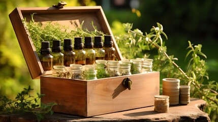 Selection of essential oils, with herbs and flowers in the background - obrazy, fototapety, plakaty
