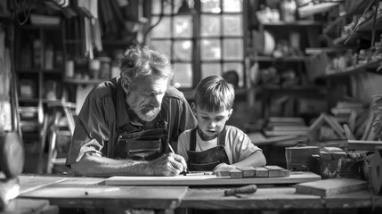 Grandfather and grandson build a birdhouse in a family carpentry workshop, share experiences and...