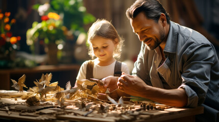 Father's Day banner, father and daughter making wooden toys on the table in the yard of the house, warm summer day - obrazy, fototapety, plakaty
