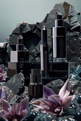 An arrangement of high-end cosmetic products among purple flowers and quartz crystals, representing beauty and natural essence