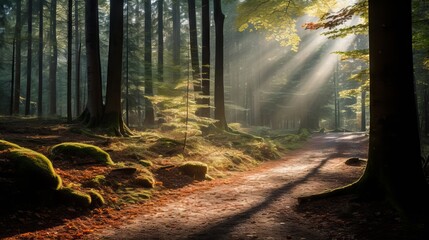 Sunny morning in the autumn forest with colorful foliage and sun rays - obrazy, fototapety, plakaty