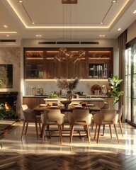 An airy and modern kitchen bathed in natural light featuring sleek wooden cabinetry, chic pendant lighting, and a welcoming dining area
