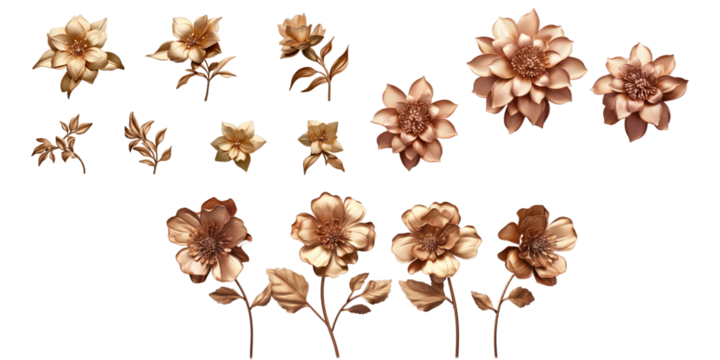 Collection of bronze flower isolated on a white background as transparent PNG