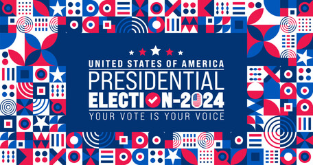 USA Election 2024 geometric shape pattern background design template. USA flag 2024 presidential election banner design. US presidential election voting poster. November 5 Vote day banner. vector