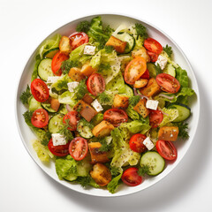 Top view of fresh salad with fresh vegetables in a round bowl. Healthy, vegan food. Commercial Banner