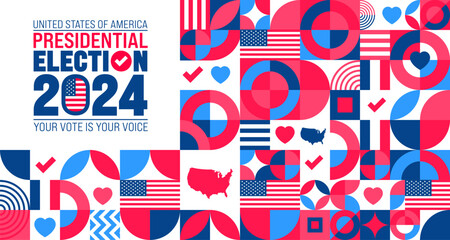 USA Election 2024 geometric shape pattern background design template. USA flag 2024 presidential election banner design. US presidential election voting poster. November 5 Vote day banner. vector