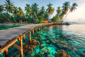 Naklejka premium A Wooden Pier Extending into the Turquoise Waters of a Tropical Island with Coral Reefs Visible Below