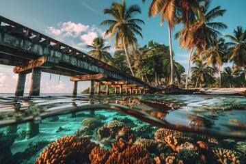 A Wooden Pier Extending into the Turquoise Waters of a Tropical Island with Coral Reefs Visible Below