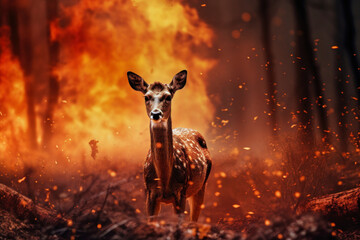 A deer stands in front of a forest engulfed in flames, highlighting the threat of a raging fire to wildlife and the environment - obrazy, fototapety, plakaty