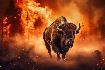 A bison stands in front of a raging fire in the woods, appearing determined and alert as it confronts the dangerous situation - obrazy, fototapety, plakaty