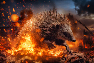 A porcupine bravely walks through a field engulfed in flames, fleeing from a forest fire, depicting the struggle of animals in the face of environmental disasters